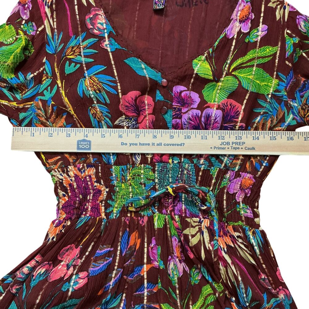 Me 2 Magic Anthropologie Maxi Dress S Floral Gold Stripe Fairy Whimsigoth  BOHO - Picture 10 of 14